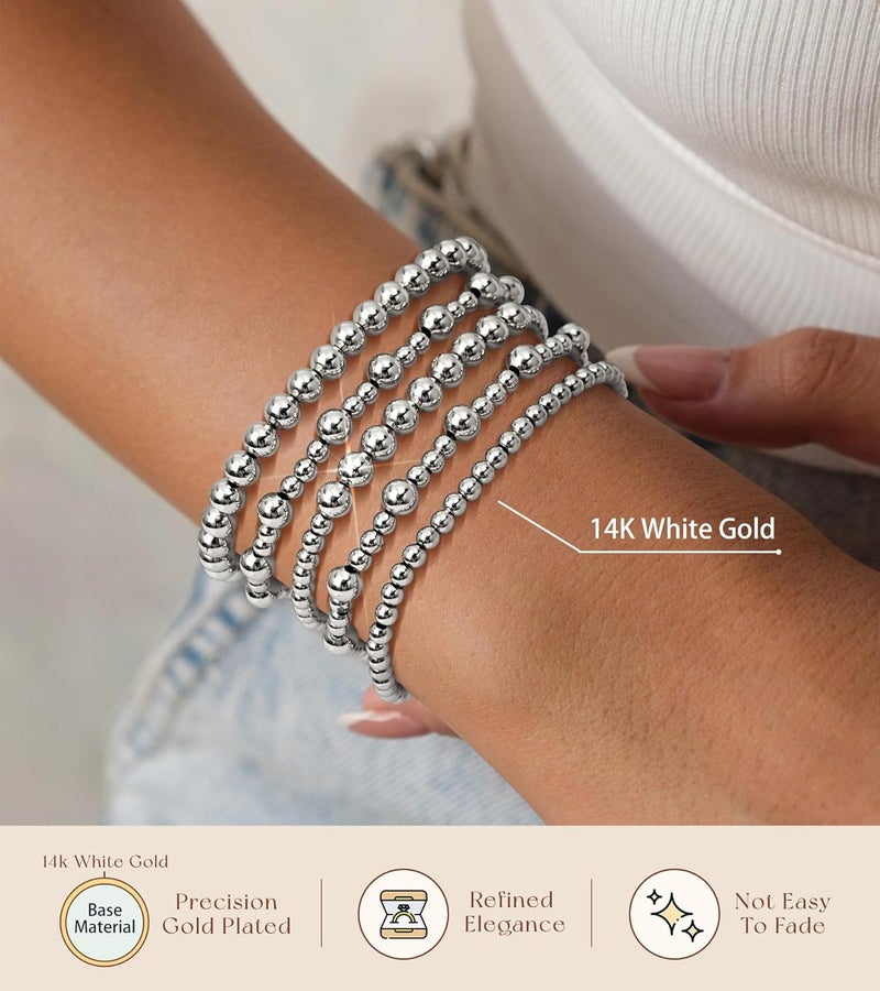 adoyi Gold Bracelets for Women Beaded Bracelet 14K Gold Plated Bracelet Stack Strand Stretch Bead Ball Bracelet Set Stackable Bracelet Adjustable Bracelet Set Jewelry for Gifts - Image 5